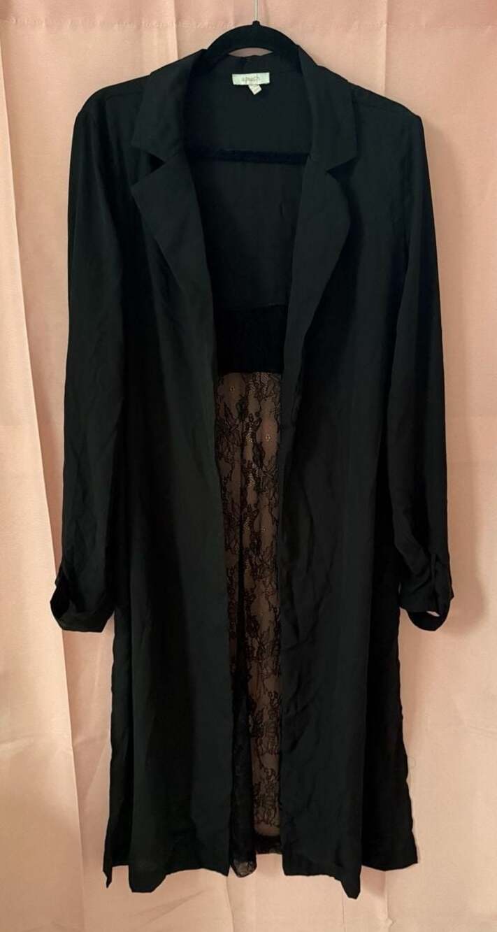 A. Peach Black Open Front Duster Jacket Long Lace Back Accent Trench Coat